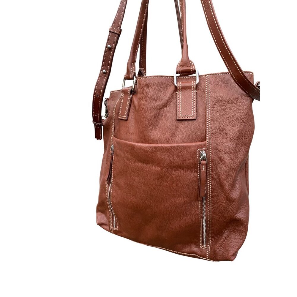 Brown Leather Tote Bag With Adjustable Straps & Multiple Pockets